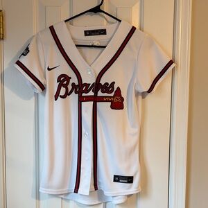 Nike White Braves Button-Up Baseball Jersey with Red and Navy Trim